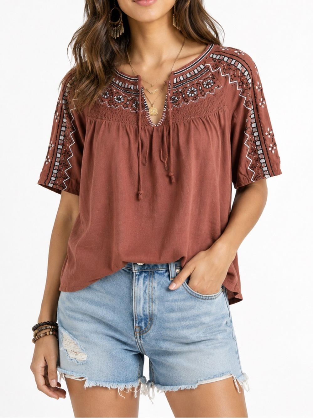 LUCKY BRAND Boho Embroidered Swing Top – Cinnamon - Size Medium NWT